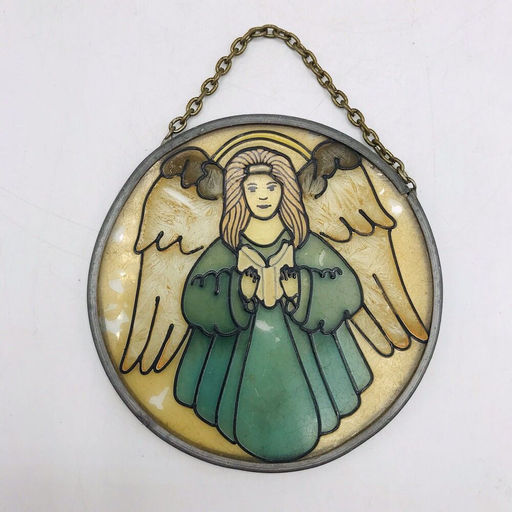 Vintage Stained Glass Silver Winged Angel Fairycore Whimsical Ornament Sun 3.5"